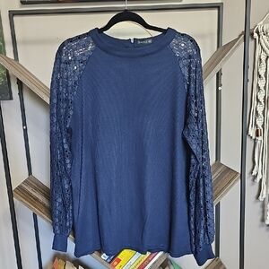 Catherines Blue Boxy Blouse with Relaxed Sweatshirt Sleeves